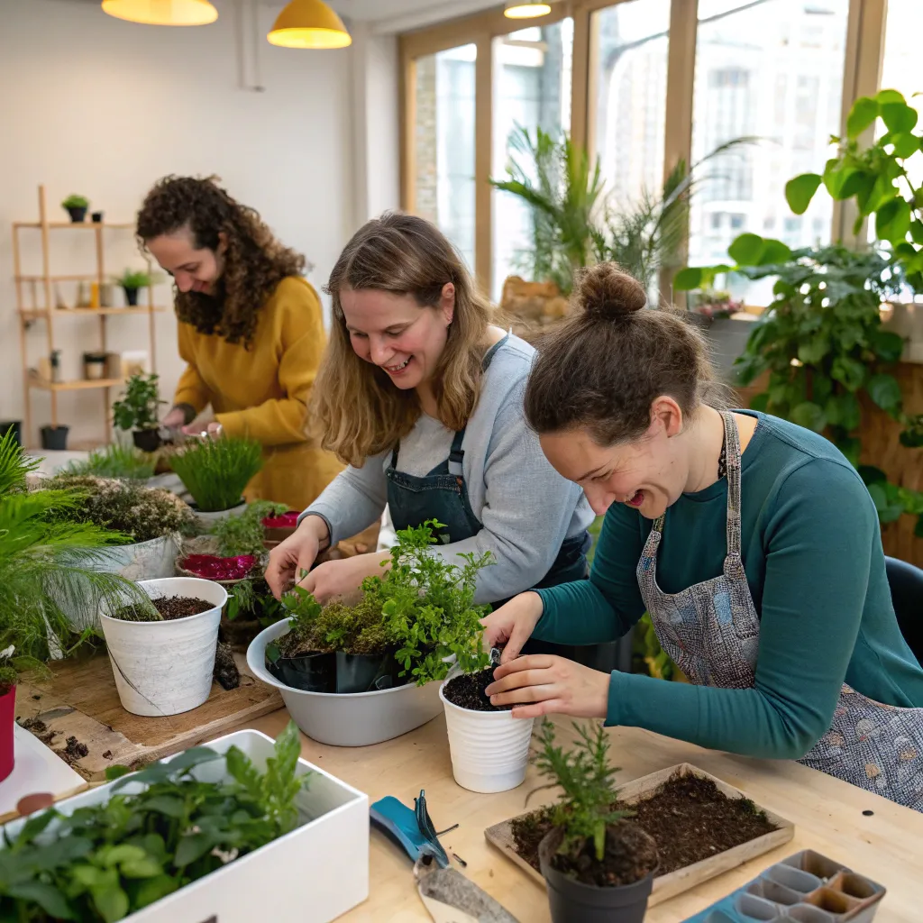 Participants enjoying a plant composition workshop